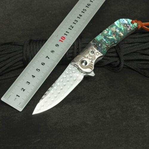 Kesiwo Damascus Blade Folding Knife Abalone Shell / Wood Handle Pocket Survival Camping Fruit Outdoor Rescue Gift EDC Tool Knife