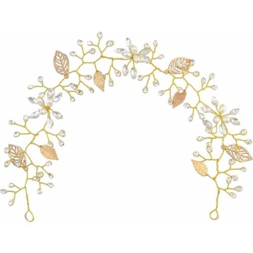 Bridal Headbands Gold Leaf Crystal Flower Headdress Wedding Hair Accessories Crown Tiara Prom Head Chain Party Jewelry