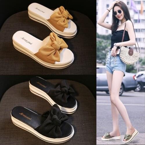 Slipper Womens Fashion Casual Korean-Style Womens Breathable Platform Bottom Bow Womens Shoes Fashion Home Slippers
