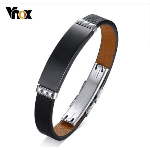 Vnox 10mm Classic Genuine Leather Bracelets for Men Stainless Steel Bangle Black Simple Male Pulseira