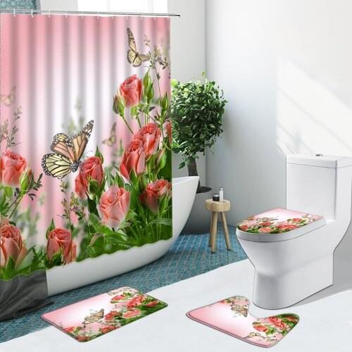Flower Butterfly Printed Pink Rose Shower Curtains Bathroom Set Toilet Seat Cover Rugs Non-slip Bath Mat Decor With 12 Hooks