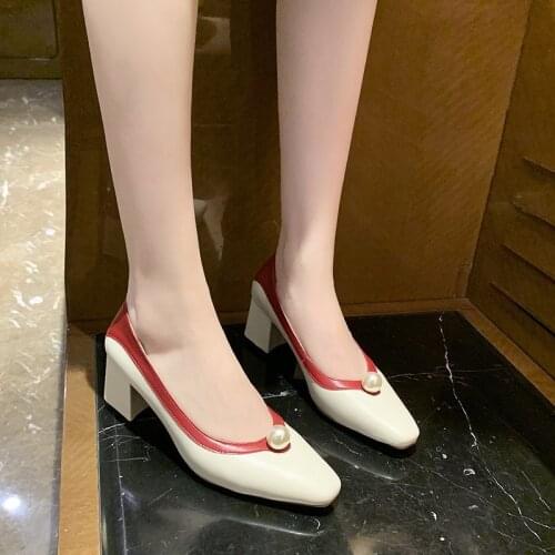 Color Matching Womens Single Shoes New Spring And Autumn Square Toe Shallow Mouth Set Foot Pearl Mid-Heel French High Heels
