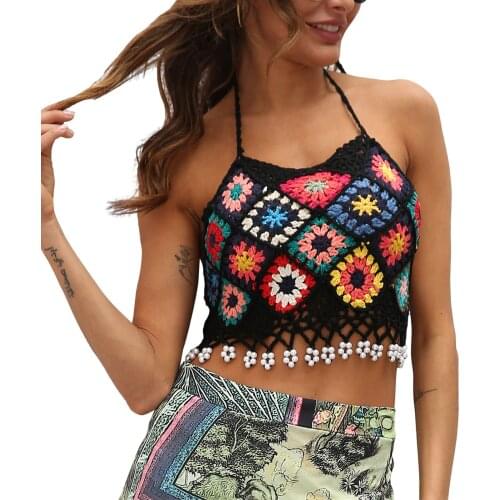 Women Swimwear Vest Knitted Camisole With Tassels Floral Crochet Pattern Halter Neck Backless Crop Tops, White/ Black