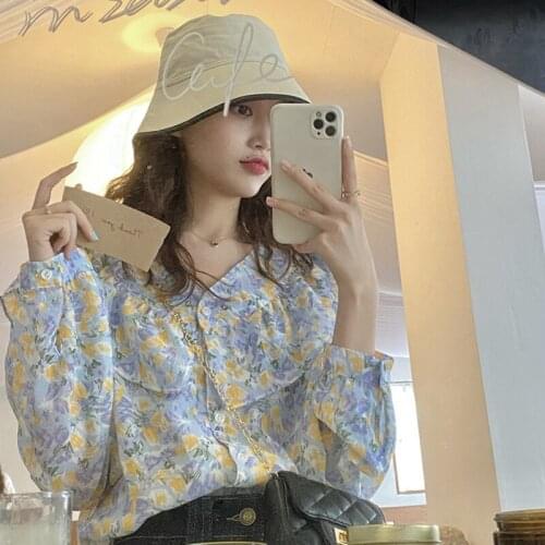 Print V-neck Ruffles Korean Fashion Women Tops Loose Summer Long Sleeve Chiffon Shirts Sweet Style Chic New Female Clothing