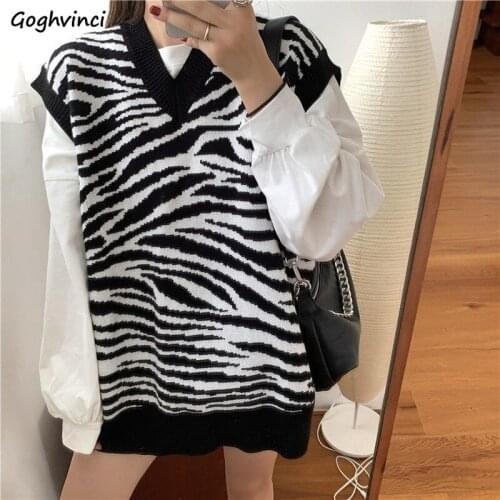 Sweater Vest Women Loose-fit Zebra Pattern V-neck Sleeveless Sweaters All-match Streetwear Knitted Korean Fashion Femme Outwear