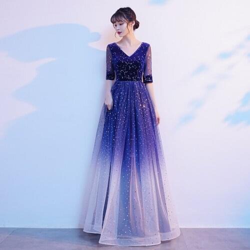 Evening Dress Sequins Simple A-Line Zipper Back Elegant Empire Half Sleeves V-Neck Floor-Length Woman Formal Party Gowns A1386