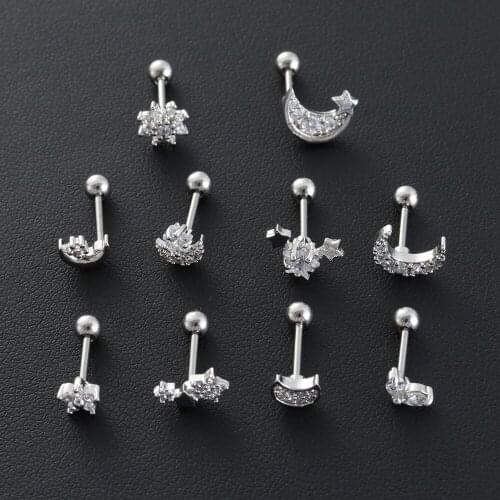 1 PC CZ Triangle Tragus Daith Helix Rook Piercing Studs Small Flower Moon Wing Jewelry Rook Helix Cartilage Piercing Earrings