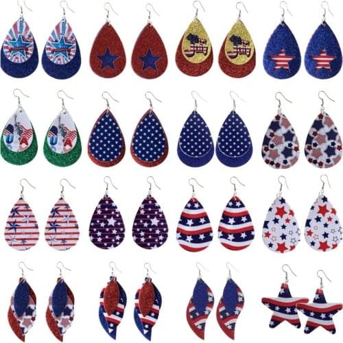 2021 Fashion Independence Day Leather Earrings Printed Flag Five-pointed Star Pu Leather Earrings Water Drop Multilayer Earrings