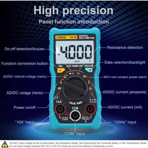 V01B Auto 4000 Counts True-RMS Button Automatic Digital Multimeter AC DC Voltage Current Ohm Meter Test V01B