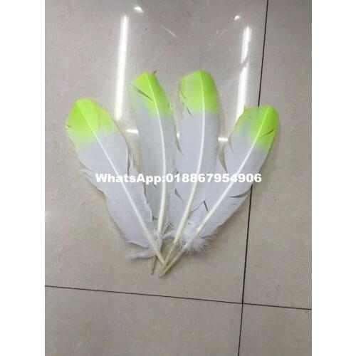 EMS free shipping dyed two tone white with lime yellow tip Turkey Rounds Quill Wing Feathers in 25-35cm