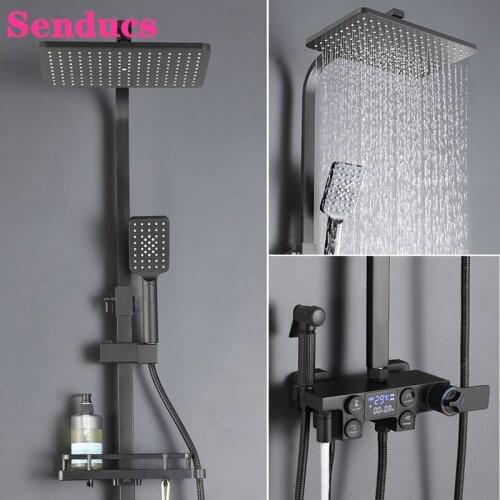 Bathroom Shower Set Senducs Black Bronze Digital Bath Shower System Quality ABS Rainfall Shower Head Thermostatic Shower Set