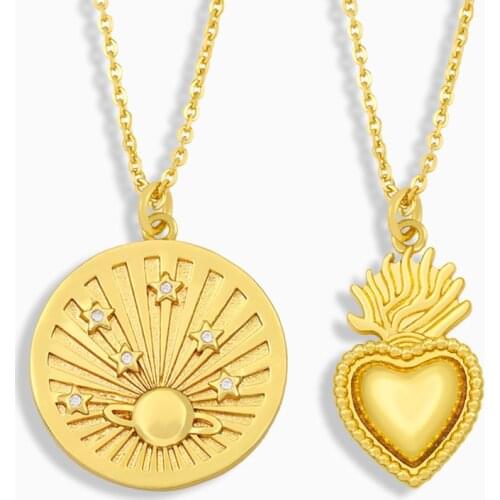 FLOLA Gold Plated Polished Heart Necklace For Women CZ Round Crystal Star Pendant Necklace Wholesale Jewelry Gifts nkev26