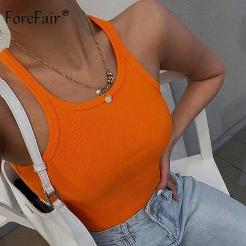 Forefair 2021 Summer Ribbed Orange Tank Tops Woman Knitted Vest Club Streetstyle Basic Black White Bodycon Sexy Crop Top Women