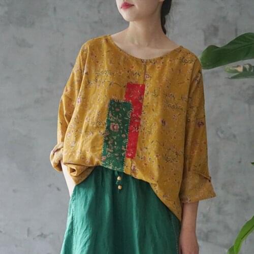 Johnature Autumn Loose Retro Patchwork Flower Print O-neck Long Sleeve Shirt 2021 New Cotton Linen Comfortable Women Fashion Top