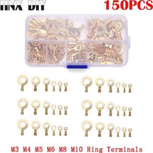M3/M4/M5/M6/M8/M10 Ring Lugs Ring Eyes Copper Crimp Terminals Cable Lug Wire Connector Non-insulated Diy Assortment Kit 150PCS