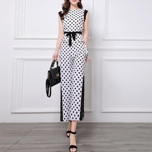 2020 Summer Chiffon Polka Dot Print Two Piece Sets Women Blouses Top Wide Leg Pants Suits Elegant Vintage Office Ladies Clothes