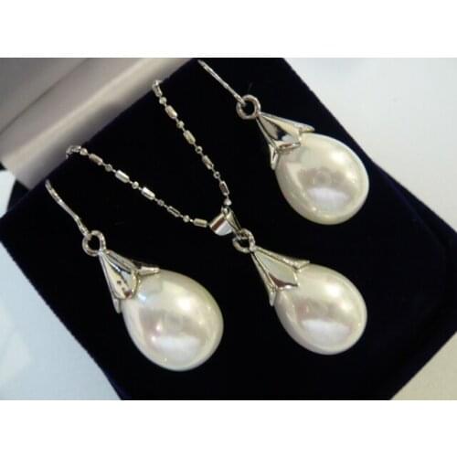 Prett Lovely Womens Wedding wholesale 12*16mm water drop white shell pearl beautiful design earrings & pendant necklace jewelry