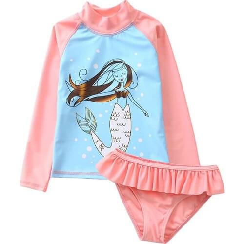 Little Grils Mermaid Swimsuit Girl Full Sleeve Floral Birds Cartoon Swimwear Sun Protection Tankini Set for Kids Bathing Suit