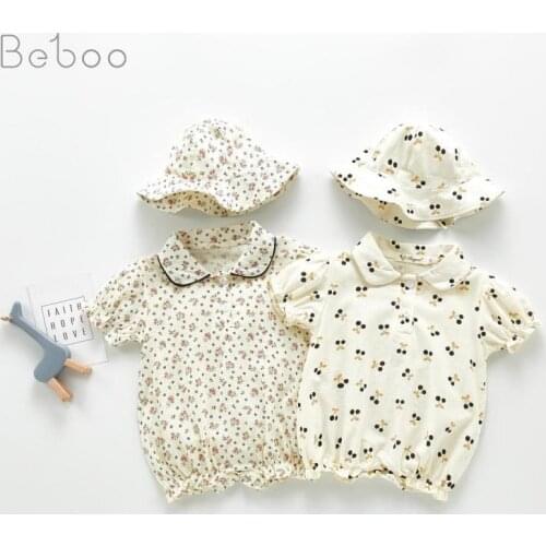 2021 New Baby Bodysuit Girls Jumpsuit Infant Clothing Short Sleeve Cherry And Flower With Sunhat Babies Summer Climbing Clothes