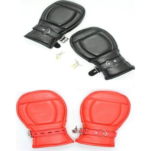 Black/Red Puppy Slave PU Leather Bondage Mitts,Soft Padded Lined Fist Mitts Gloves Bondage Restraint Mittens With Lock Sex Toys