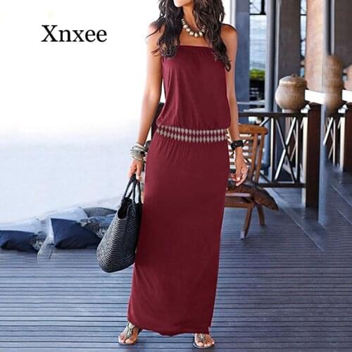 Beach Boho Dress Solid Women Sexy Holiday Off Shoulder Sleeveless Beach Print Summer Maxi Dress Slim Ankle Length Black Blue