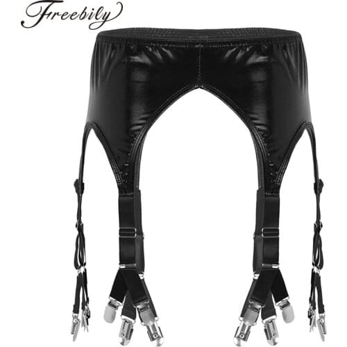 Womens Vintage Shiny Metallic Garter Belts with Elastic Adjustable Straps Duck-Mouth Clips for Holding Stockings latex Clubwear