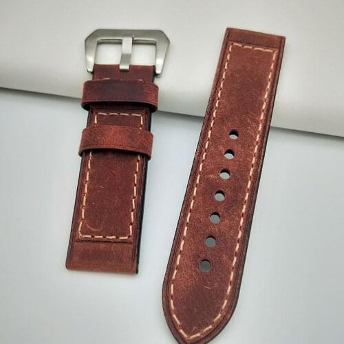 24mm Italy Genuine Leather Watch Band for Panerai Luminor Radiomir Bracelet Wrist Strap with Metal Stainless Steel Clasp