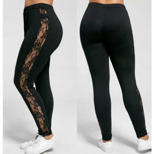 Sexy Women Plus Size Lace Pants Black Insert Sheer Leggings Elastane Leggings L-3XL