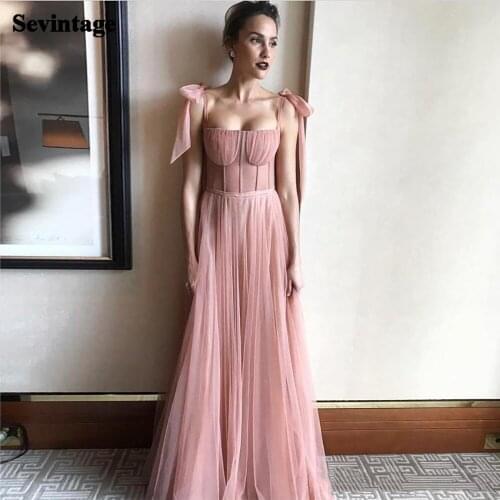 Sevintage Blush A-Line Beach Prom Dresses Pleats Boat Neck Soft Tulle Evening Dress Spaghetti Strap Button Princess Party Gowns