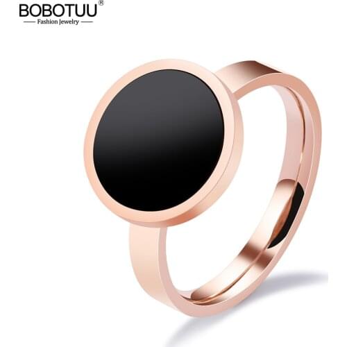 BOBOTUU Titanium Steel Chic Rings For Women Rose Gold Color Never Fade Black Acrylic Female Finger Wedding Bands Gift BR17041