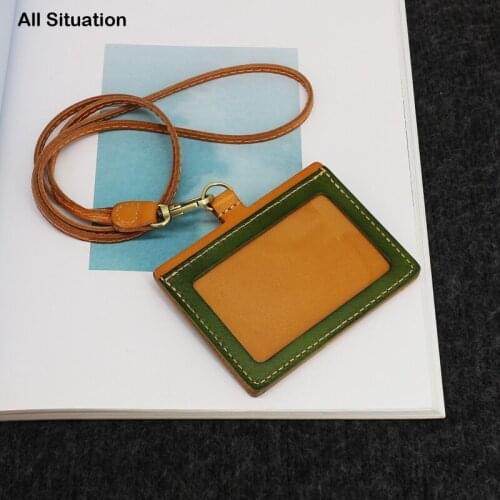 Luxury ID Badge Tag Lanyard Real Calf Leather Credit Card Holder for Office Work Top End Handmade Student Identity Card Holders