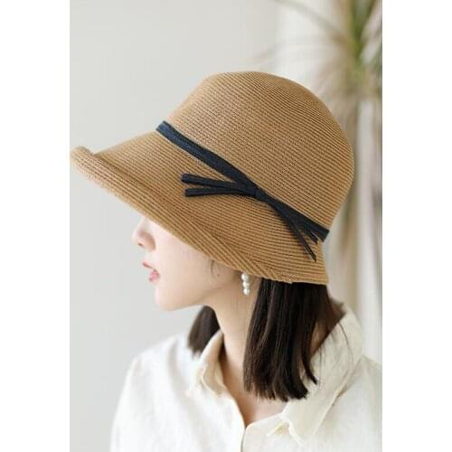 Simple Curled Thin Bow Straw Hat Fashion Basin Sun Fishermans Hat Childrens Summer Versatile Japanese Hat