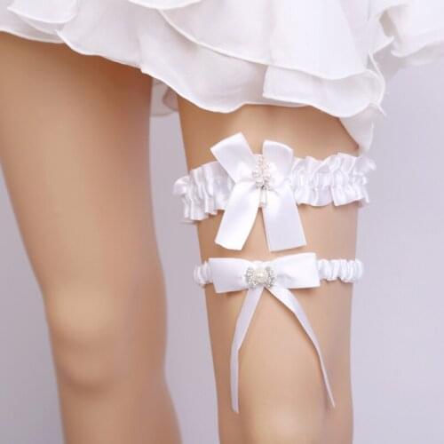 2pcs Wedding Garter Bride Souvenir Garters Satin Bowknot Pearl Crystal Wedding Garter Belt Toss Sets Leg Garter For Ladies