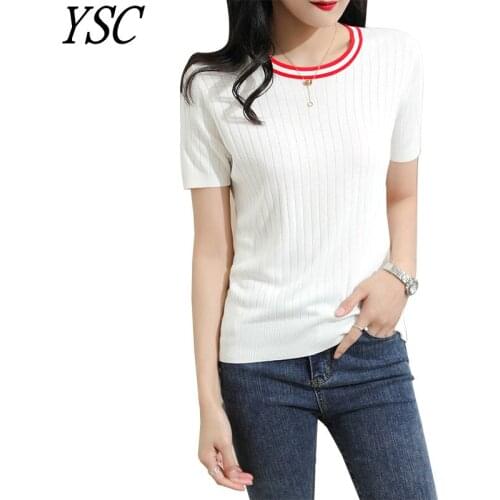 YSC 2021 New pattern Women Pure silk Sweater Round collar with red edge Half sleeve Fine yarn soft High-quality pullover