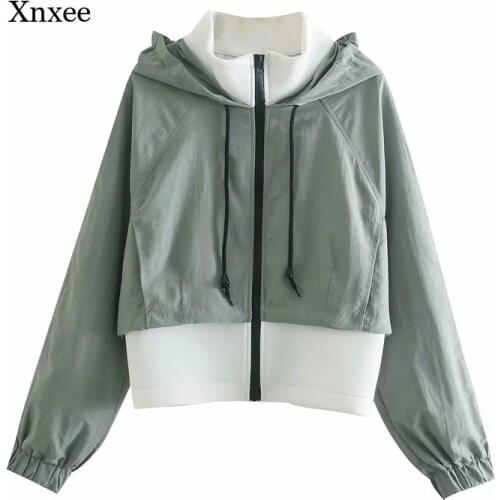 2021 Women False Tow Piece Jackets Fashion Patchwork Long Sleeve Loose Coat Women Stand Collar Hood Harajuku Outwear Top Clothes