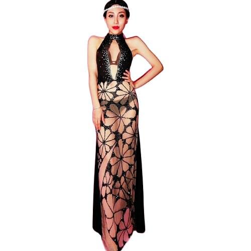 Black Sparkly Sequin Diamonds Long Dress Sleeveless Halter Floral Print Women Dress Nightclub Singer Performance Stage Wear