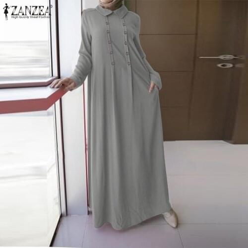 ZANZEA Women Double-Breasted Button Dress 2021 Long Sleeve Kaftan Muslim Dress Loose Casual Maxi Dresses Abaya Hijab Dresses