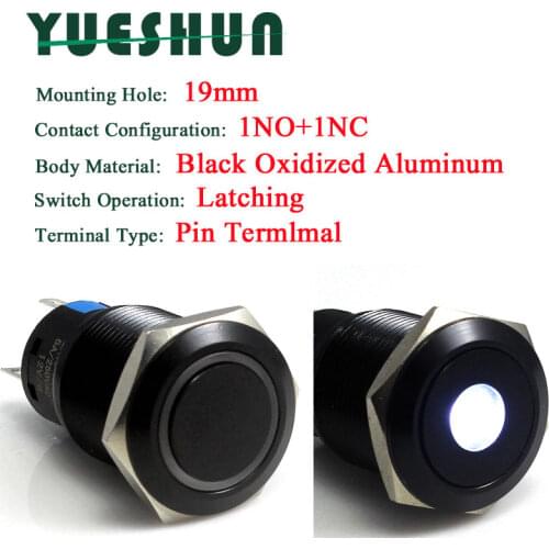 19mm Light Switches Black Oxidized Aluminum LED Latching Push Button Switch