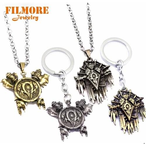 2019 Vintage Jewelry Warcraft Game Keychain Alliance Tribe Horde Metal 3D Sign Charm Pendant Necklace Amulet Chaveiro Souvenir