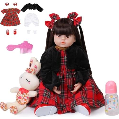 48CM Reborn Baby Doll With Princess Long Hair Red Dress Realistic Handmade Newborn Doll Baby Adorable Lifelike Toddler Doll Toy