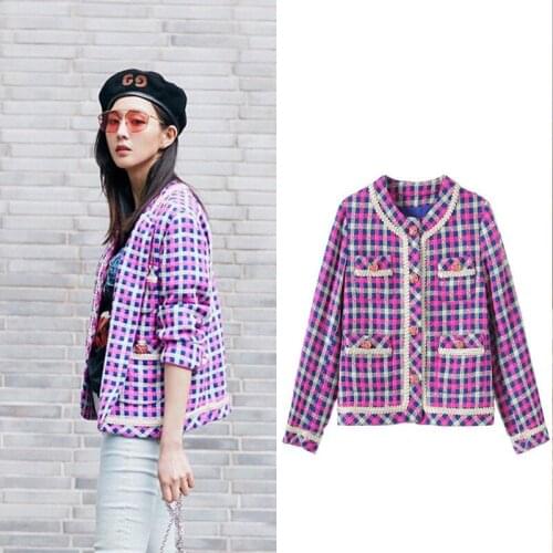 Fragrant New purple small wind plaid a clover flower buckle G0820 aristocratic temperament woolen clothes coat pocket