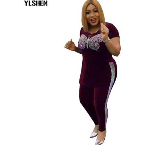 Velvet 2 Piece Set African Clothes Dashiki Diamonds Dress Pants African Dresses for Women Bazin Riche Famous Suit Vetement Femme