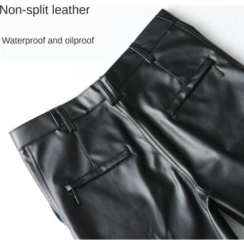 Spring Autumn Straight Leather Pants Fleece Mens Plus Size Leather Loose High Waist Windproof Wide Leg Pants Smart Casual Pants