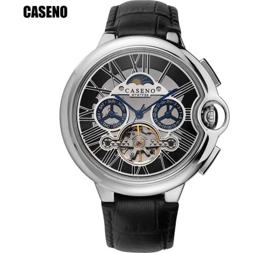 Tourbillon Mens Watch Top Brand Luxury Belt Watch Men Automatic Mechanical Wristwatch Skeleton Sport Male Clocks relogio CASENO