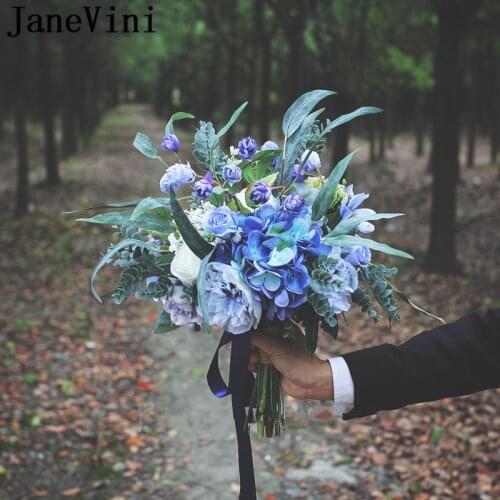 JaneVini Vintage Blue White Wedding Bouquets 2019 Bridal Silk Flower Bouquet Artificial Rose Peony Bride Brooch Flores Boda New