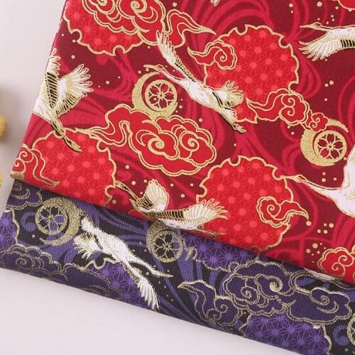Red Navy Blue Japanese Bronzing Crane Cotton Fabric For Sewing Kimono Dolls & Bags Needlework Patchwork Cloth