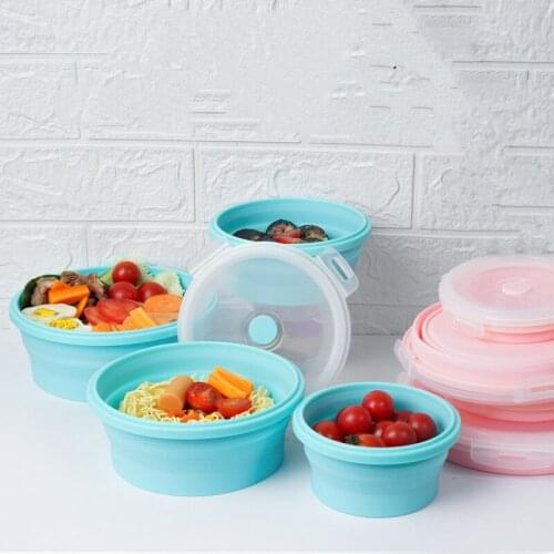 Round Silicone Folding Lunch Box 4 Piece Set Microwave Bowl Portable Folding Food Container Box Salad Snack Bowl with Lid