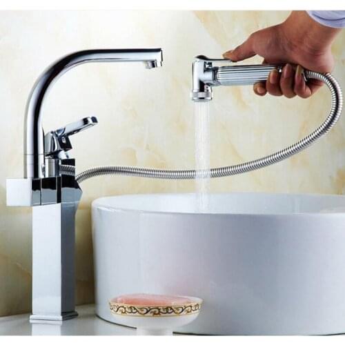 Kitchen High quality golden brass basin faucet deck mounted pull out mix tap bathroom hot and cold water a faucet with guns