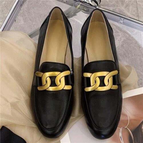 Women Casual Loafers Comfortable Handmade Genuine Leather Fashion Flats Metal Chain Decor Casual Shoes Female