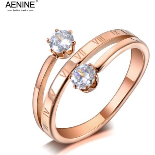 AENINE Trendy Stainless Steel Roman Numerals Rings For Women Rose Gold Double Cubic Zirconia Female Engagement Jewelry AR19118